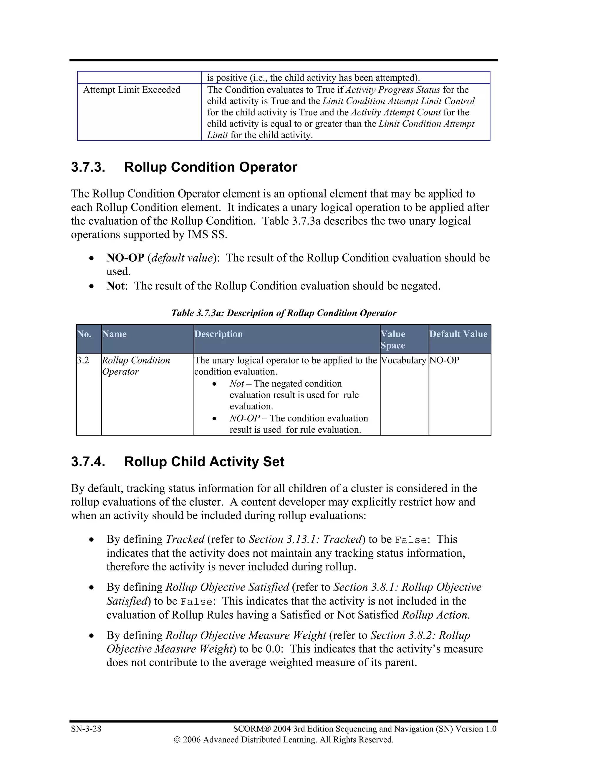 is positive (i.e., the child activity has been attempted).
  Attempt Limit Exceeded             The Condition evaluates to True if Activity Progress Status for the
                                     child activity is True and the Limit Condition Attempt Limit Control
                                     for the child activity is True and the Activity Attempt Count for the
                                     child activity is equal to or greater than the Limit Condition Attempt
                                     Limit for the child activity.


3.7.3.         Rollup Condition Operator
The Rollup Condition Operator element is an optional element that may be applied to
each Rollup Condition element. It indicates a unary logical operation to be applied after
the evaluation of the Rollup Condition. Table 3.7.3a describes the two unary logical
operations supported by IMS SS.
    •      NO-OP (default value): The result of the Rollup Condition evaluation should be
           used.
    •      Not: The result of the Rollup Condition evaluation should be negated.

                             Table 3.7.3a: Description of Rollup Condition Operator

 No.      Name                    Description                                     Value        Default Value
                                                                                  Space
 3.2      Rollup Condition        The unary logical operator to be applied to the Vocabulary NO-OP
          Operator                condition evaluation.
                                      • Not – The negated condition
                                           evaluation result is used for rule
                                           evaluation.
                                      • NO-OP – The condition evaluation
                                           result is used for rule evaluation.


3.7.4.         Rollup Child Activity Set
By default, tracking status information for all children of a cluster is considered in the
rollup evaluations of the cluster. A content developer may explicitly restrict how and
when an activity should be included during rollup evaluations:

    •      By defining Tracked (refer to Section 3.13.1: Tracked) to be False: This
           indicates that the activity does not maintain any tracking status information,
           therefore the activity is never included during rollup.
    •      By defining Rollup Objective Satisfied (refer to Section 3.8.1: Rollup Objective
           Satisfied) to be False: This indicates that the activity is not included in the
           evaluation of Rollup Rules having a Satisfied or Not Satisfied Rollup Action.
    •      By defining Rollup Objective Measure Weight (refer to Section 3.8.2: Rollup
           Objective Measure Weight) to be 0.0: This indicates that the activity’s measure
           does not contribute to the average weighted measure of its parent.




SN-3-28                                    SCORM® 2004 3rd Edition Sequencing and Navigation (SN) Version 1.0
                             © 2006 Advanced Distributed Learning. All Rights Reserved.
 