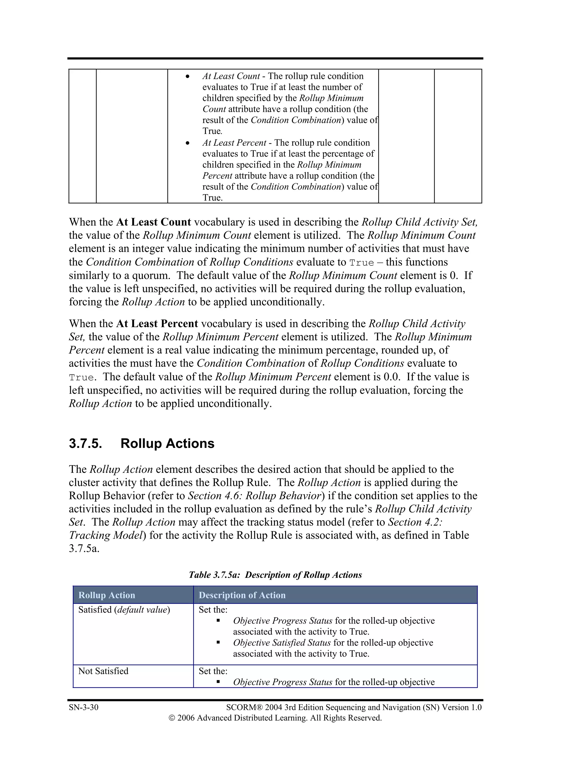 •    At Least Count - The rollup rule condition
                                   evaluates to True if at least the number of
                                   children specified by the Rollup Minimum
                                   Count attribute have a rollup condition (the
                                   result of the Condition Combination) value of
                                   True.
                              •    At Least Percent - The rollup rule condition
                                   evaluates to True if at least the percentage of
                                   children specified in the Rollup Minimum
                                   Percent attribute have a rollup condition (the
                                   result of the Condition Combination) value of
                                   True.

When the At Least Count vocabulary is used in describing the Rollup Child Activity Set,
the value of the Rollup Minimum Count element is utilized. The Rollup Minimum Count
element is an integer value indicating the minimum number of activities that must have
the Condition Combination of Rollup Conditions evaluate to True – this functions
similarly to a quorum. The default value of the Rollup Minimum Count element is 0. If
the value is left unspecified, no activities will be required during the rollup evaluation,
forcing the Rollup Action to be applied unconditionally.
When the At Least Percent vocabulary is used in describing the Rollup Child Activity
Set, the value of the Rollup Minimum Percent element is utilized. The Rollup Minimum
Percent element is a real value indicating the minimum percentage, rounded up, of
activities the must have the Condition Combination of Rollup Conditions evaluate to
True. The default value of the Rollup Minimum Percent element is 0.0. If the value is
left unspecified, no activities will be required during the rollup evaluation, forcing the
Rollup Action to be applied unconditionally.


3.7.5.       Rollup Actions
The Rollup Action element describes the desired action that should be applied to the
cluster activity that defines the Rollup Rule. The Rollup Action is applied during the
Rollup Behavior (refer to Section 4.6: Rollup Behavior) if the condition set applies to the
activities included in the rollup evaluation as defined by the rule’s Rollup Child Activity
Set. The Rollup Action may affect the tracking status model (refer to Section 4.2:
Tracking Model) for the activity the Rollup Rule is associated with, as defined in Table
3.7.5a.

                               Table 3.7.5a: Description of Rollup Actions

  Rollup Action                   Description of Action
  Satisfied (default value)       Set the:
                                             Objective Progress Status for the rolled-up objective
                                             associated with the activity to True.
                                             Objective Satisfied Status for the rolled-up objective
                                             associated with the activity to True.
  Not Satisfied                   Set the:
                                             Objective Progress Status for the rolled-up objective

SN-3-30                                 SCORM® 2004 3rd Edition Sequencing and Navigation (SN) Version 1.0
                          © 2006 Advanced Distributed Learning. All Rights Reserved.
 