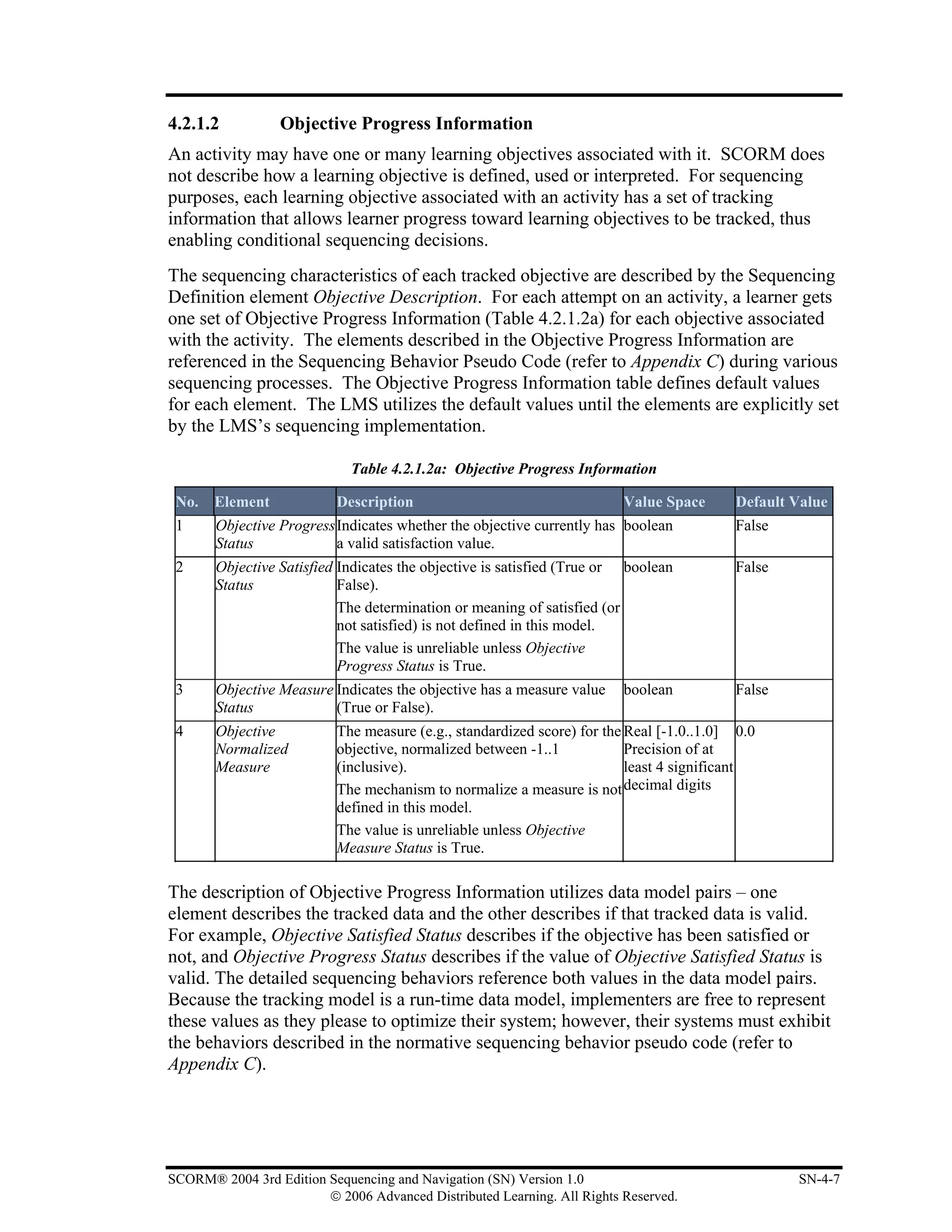 4.2.1.2           Objective Progress Information
An activity may have one or many learning objectives associated with it. SCORM does
not describe how a learning objective is defined, used or interpreted. For sequencing
purposes, each learning objective associated with an activity has a set of tracking
information that allows learner progress toward learning objectives to be tracked, thus
enabling conditional sequencing decisions.
The sequencing characteristics of each tracked objective are described by the Sequencing
Definition element Objective Description. For each attempt on an activity, a learner gets
one set of Objective Progress Information (Table 4.2.1.2a) for each objective associated
with the activity. The elements described in the Objective Progress Information are
referenced in the Sequencing Behavior Pseudo Code (refer to Appendix C) during various
sequencing processes. The Objective Progress Information table defines default values
for each element. The LMS utilizes the default values until the elements are explicitly set
by the LMS’s sequencing implementation.

                             Table 4.2.1.2a: Objective Progress Information

 No.   Element             Description                                   Value Space      Default Value
 1     Objective Progress Indicates whether the objective currently has boolean           False
       Status             a valid satisfaction value.
 2     Objective Satisfied Indicates the objective is satisfied (True or boolean          False
       Status              False).
                           The determination or meaning of satisfied (or
                           not satisfied) is not defined in this model.
                           The value is unreliable unless Objective
                           Progress Status is True.
 3     Objective Measure Indicates the objective has a measure value     boolean          False
       Status            (True or False).
 4     Objective           The measure (e.g., standardized score) for the Real [-1.0..1.0] 0.0
       Normalized          objective, normalized between -1..1            Precision of at
       Measure             (inclusive).                                   least 4 significant
                           The mechanism to normalize a measure is not decimal digits
                           defined in this model.
                           The value is unreliable unless Objective
                           Measure Status is True.

The description of Objective Progress Information utilizes data model pairs – one
element describes the tracked data and the other describes if that tracked data is valid.
For example, Objective Satisfied Status describes if the objective has been satisfied or
not, and Objective Progress Status describes if the value of Objective Satisfied Status is
valid. The detailed sequencing behaviors reference both values in the data model pairs.
Because the tracking model is a run-time data model, implementers are free to represent
these values as they please to optimize their system; however, their systems must exhibit
the behaviors described in the normative sequencing behavior pseudo code (refer to
Appendix C).




SCORM® 2004 3rd Edition Sequencing and Navigation (SN) Version 1.0                                SN-4-7
                        © 2006 Advanced Distributed Learning. All Rights Reserved.
 