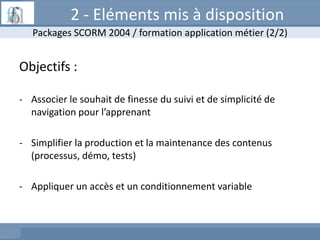 2 - Eléments mis à disposition
Packages SCORM 2004 / formation application métier (2/2)

Objectifs :
- Associer le souhait...