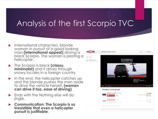 Analysis of the first Scorpio TVC


International characters, blonde
woman in pursuit of a good looking
man (international appeal) driving a
black Scorpio. The woman is piloting a
helicopter.



The Scorpio is black (classy,
minimalist) and it drives through
snowy locales in a foreign country



In the end, the helicopter catches up
and the blonde pushes the man aside
to drive the vehicle herself. (women
can drive it too, ease of driving)



Ends with the Nothing else will do
jingle.



Communication: The Scorpio is so
irresistible that even a helicopter
pursuit is justifiable.

 