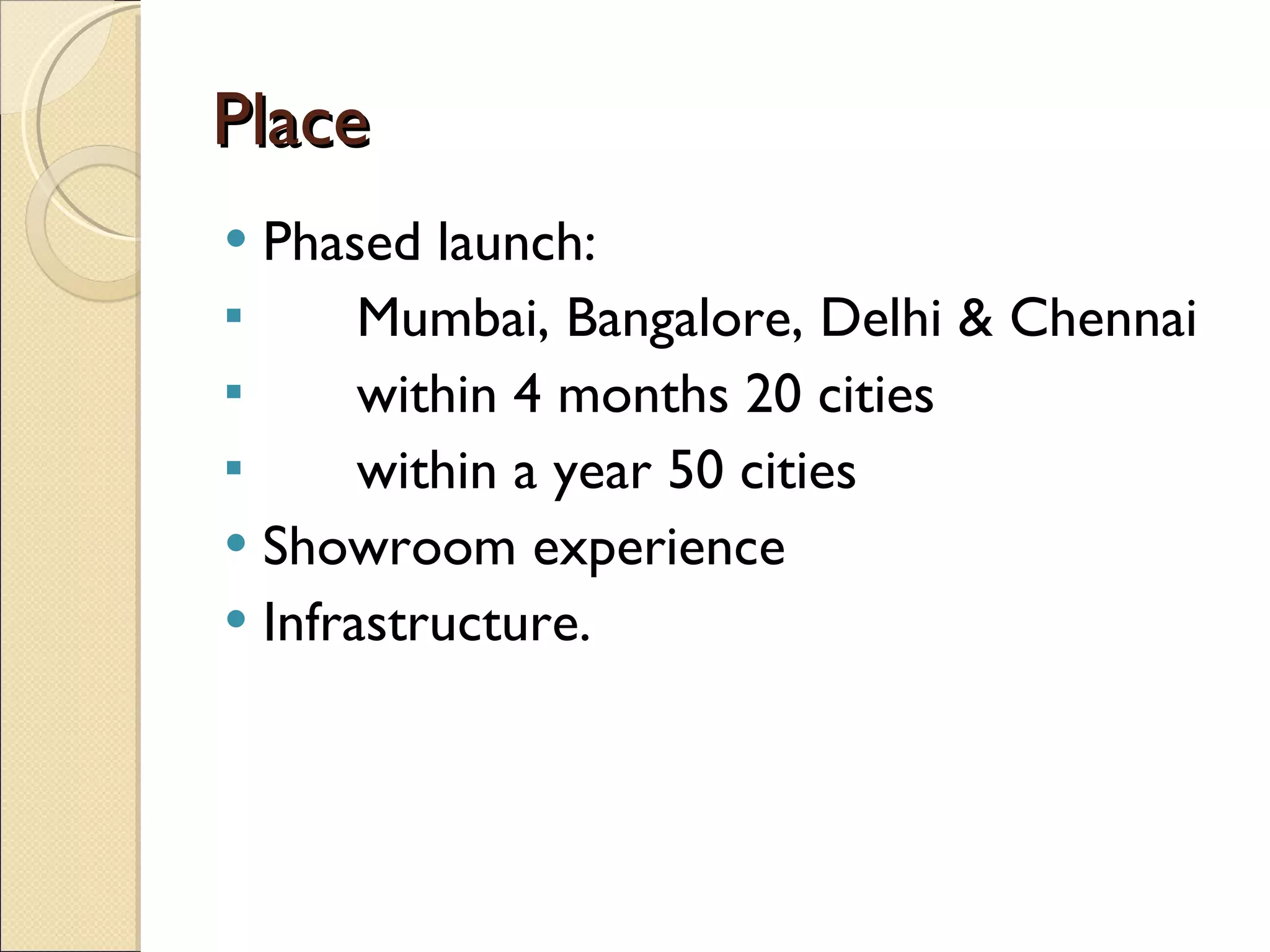 Place  Phased launch: Mumbai, Bangalore, Delhi & Chennai within 4 months 20 cities within a year 50 cities Showroom experience Infrastructure. 