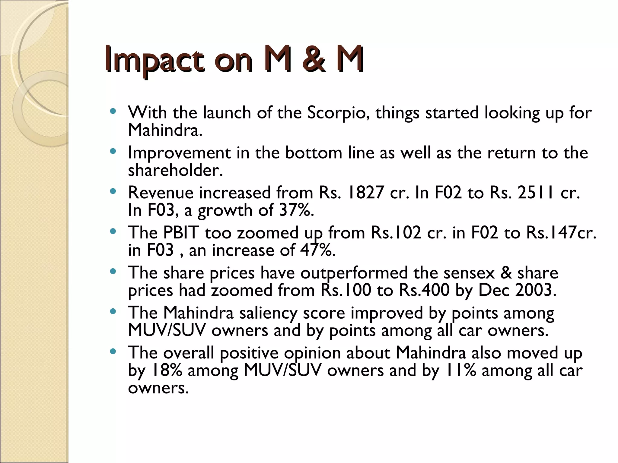 Impact on M & M With the launch of the Scorpio, things started looking up for Mahindra. Improvement in the bottom line as well as the return to the shareholder. Revenue increased from Rs. 1827 cr. In F02 to Rs. 2511 cr. In F03, a growth of 37%. The PBIT too zoomed up from Rs.102 cr. in F02 to Rs.147cr. in F03 , an increase of 47%. The share prices have outperformed the sensex & share prices had zoomed from Rs.100 to Rs.400 by Dec 2003. The Mahindra saliency score improved by points among MUV/SUV owners and by points among all car owners. The overall positive opinion about Mahindra also moved up by 18% among MUV/SUV owners and by 11% among all car owners. 
