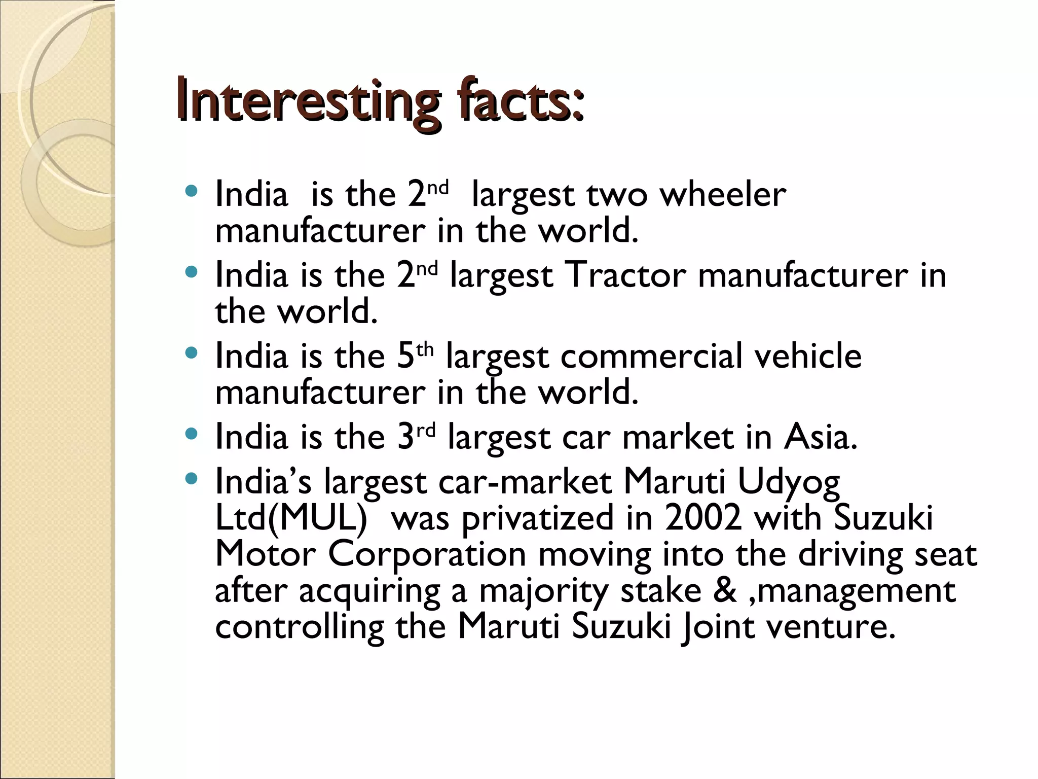 Interesting facts: India  is the 2 nd   largest two wheeler manufacturer in the world. India is the 2 nd  largest Tractor manufacturer in the world. India is the 5 th  largest commercial vehicle manufacturer in the world. India is the 3 rd  largest car market in Asia. India’s largest car-market Maruti Udyog Ltd(MUL)  was privatized in 2002 with Suzuki Motor Corporation moving into the driving seat after acquiring a majority stake & ,management controlling the Maruti Suzuki Joint venture. 