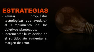 ESTRATEGIAS
• Revisar propuestas
tecnológicas que ayudaran
al cumplimiento de los
objetivos planteados.
• Incrementar la velocidad en
el surtido, sin aumentar el
margen de error.
 