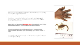 On basis of clinical manifestations at the time of arrival to hospital and according
to severity they are graded in 4 grades.
Grade 1: severe excruciating local pain at the sting site radiating along with
corresponding dermatomes, mild local oedema with seating at the sting site,
without systemic involvement.
Grade 2: signs and symptoms of autonomic storm characterized by acetyl choline
excess or parasympathetic stimulation and sympathetic stimulation
Grade 3: cold extremities, tachycardia, hypotension or hypertension with
pulmonary edema (Respiratory rate > 24 per minute, basal rales or crackles in
lungs).
Grade 4: tachycardia, hypotension with or without pulmonary edema with warm
extremities (warm shock).
 