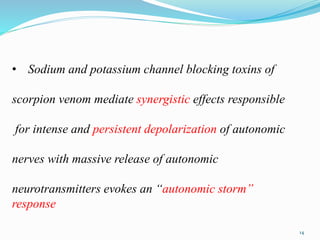 • Sodium and potassium channel blocking toxins of
scorpion venom mediate synergistic effects responsible
for intense and persistent depolarization of autonomic
nerves with massive release of autonomic
neurotransmitters evokes an “autonomic storm”
response
14
 