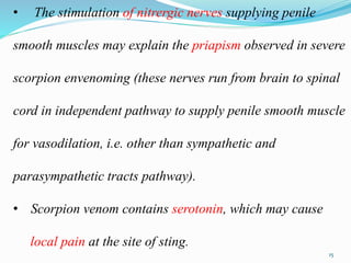 • The stimulation of nitrergic nerves supplying penile
smooth muscles may explain the priapism observed in severe
scorpion envenoming (these nerves run from brain to spinal
cord in independent pathway to supply penile smooth muscle
for vasodilation, i.e. other than sympathetic and
parasympathetic tracts pathway).
• Scorpion venom contains serotonin, which may cause
local pain at the site of sting.
15
 