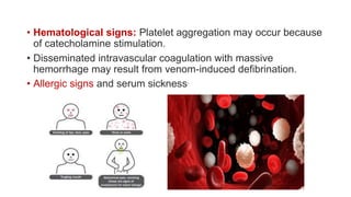 • Hematological signs: Platelet aggregation may occur because
of catecholamine stimulation.
• Disseminated intravascular coagulation with massive
hemorrhage may result from venom-induced defibrination.
• Allergic signs and serum sickness.
 