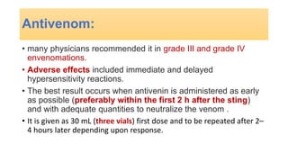 • many physicians recommended it in grade III and grade IV
envenomations.
• Adverse effects included immediate and delayed
hypersensitivity reactions.
• The best result occurs when antivenin is administered as early
as possible (preferably within the first 2 h after the sting)
and with adequate quantities to neutralize the venom .
• It is given as 30 mL (three vials) first dose and to be repeated after 2–
4 hours later depending upon response.
Antivenom:
 