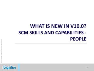 WHAT IS NEW IN V10.0?
                                                            SCM SKILLS AND CAPABILITIES -
                                                                                PEOPLE
© 2011 Copyright iCognitive Pte. Ltd. All rights reserved




                                                                                            32
                                                                                            32
 