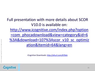 Full presentation with more details about SCOR
                                                                           V10.0 is available on:
                                                              http://www.icognitive.com/index.php?option
                                                              =com_phocadownload&view=category&id=6
                                                             %3A&download=107%3Ascor_v10_sc_optimiz
© 2011 Copyright iCognitive Pte. Ltd. All rights reserved




                                                                        ation&Itemid=64&lang=en

                                                                       iCognitive Downloads: http://alturl.com/878ek




                                                                                                                       35
 