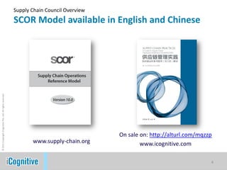 Supply Chain Council Overview
                                                            SCOR Model available in English and Chinese
© 2011 Copyright iCognitive Pte. Ltd. All rights reserved




                                                                                            On sale on: http://alturl.com/mqzzp
                                                                   www.supply-chain.org             www.icognitive.com

                                                                                                                              4
 