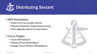 Distributing Sextant
§ AWS Marketplace
§ Easy to fire up and get started
§ Industry standard usage-based pricing
§ With upgrade option to subscription
§ Future Targets
§ Azure Marketplace
§ Alibaba Cloud Marketplace
§ Google Cloud Platform Marketplace
October 2018 @blockchaintp 15
 