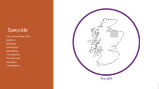 Speyside
Une cinquantaine, dont:
Aberlour
BenRiach
Glenfarclas
Glenfiddich
The Macallan
The Glenlivet
Longmorn
The Balvenie
 