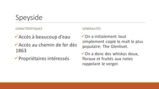 Speyside
CARACTÉRISTIQUES
✓Accès à beaucoup d’eau
✓Accès au chemin de fer dès
1863
✓Propriétaires intéressés
GÉNÉRALITÉS
✓On a initialement tout
simplement copié le malt le plus
populaire: The Glenlivet.
✓On a donc des whiskys doux,
floraux et fruités aux notes
rappelant le verger.
 