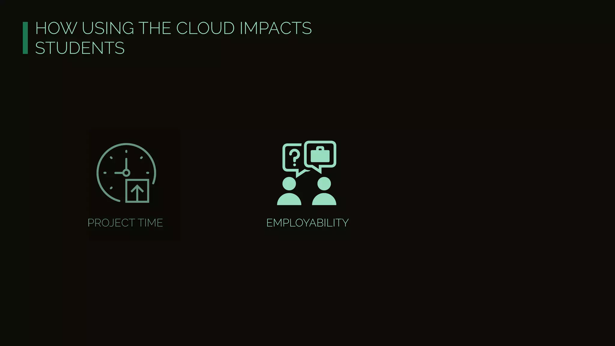 HOW USING THE CLOUD IMPACTS
STUDENTS
PROJECT TIME EMPLOYABILITY
 
