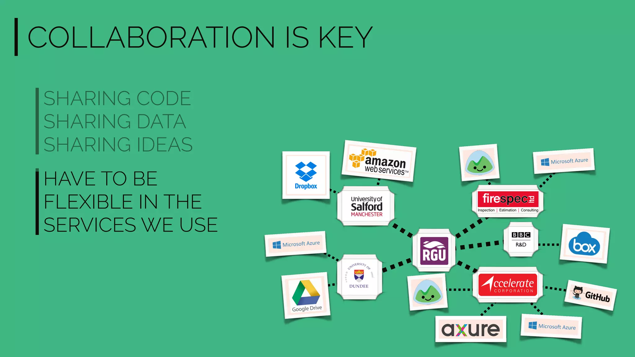 COLLABORATION IS KEY
SHARING CODE
SHARING DATA
SHARING IDEAS
HAVE TO BE
FLEXIBLE IN THE
SERVICES WE USE
 