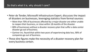 • Peter de Tender, Microsoft Infrastructure Expert, discusses the impact
of disasters on businesses, leveraging statistics from formal sources:
• More than 70% of businesses affected by a major disaster are either unable
to reopen their business, or close within 18 months of the disaster.
• 80% of businesses without a disaster recovery plan that suffer a data center
disaster go out of business.
• Gartner Inc. found that within two years of experiencing data loss, 90% of
companies go out of business.
• These dire figures make the necessity of a disaster recovery plan for
every business certain.
So that’s what it is, why should I care?
 