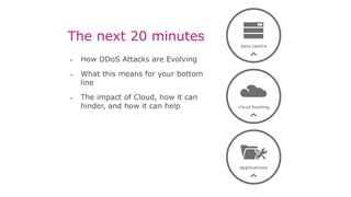 The next 20 minutes
 How DDoS Attacks are Evolving
 What this means for your bottom
line
 The impact of Cloud, how it can
hinder, and how it can help
 