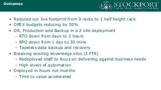 Outcomes
• Reduced our live footprint from 9 racks to 1 half height rack
• OPEX budgets reducing by 50%
• DR, Production and Backup in a 2 site deployment
– RTO down from days to 2 hours
– RPO down from 1 day to 30 mins
– Tapeless data backup and recovery
• Breaking existing knowledge silos (3 FTE)
– Redeployed staff to focus on delivering against business needs
– High levels of automation
• Deployed in hours not months
– Time to value accelerated
 