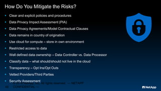 How Do You Mitigate the Risks?
 Clear and explicit policies and procedures
 Data Privacy Impact Assessment (PIA)
 Data Privacy Agreements/Model Contractual Clauses
 Data remains in country of origination
 Use cloud for compute – store in own environment
 Restricted access to data
 Well defined data ownership – Data Controller vs. Data Processor
 Classify data – what should/should not live in the cloud
 Transparency – Opt Ins/Opt Outs
 Vetted Providers/Third Parties
 Security Assessment
© 2016 NetApp, Inc. All rights reserved. --- NETAPP
CONFIDENTIAL ---49
 