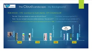 The Cloud Landscape - My Background
ROB WOOD – CTO (contract to multi clients), CITY COUNCILLOR
• The Ask: “Can you speak as warm-up @ Scot-Cloud “ { me thinks “young gun go for it!” }
• Then: “as you’ve been around a while and know ‘the old stuff’!” { “ok – youngish old gun ramble on!” }
• Involved in IT and Software then Cloud developments since 1988 { “a personal view of that journey” }
Retailer
Developer
1980 1990 2000 2010
PrincipalTech
CityCouncillor
CTOcontractor
Director
The
“Cloud”
 
