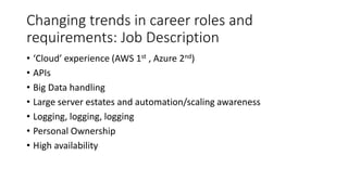 Changing trends in career roles and
requirements: Job Description
• ‘Cloud’ experience (AWS 1st , Azure 2nd)
• APIs
• Big Data handling
• Large server estates and automation/scaling awareness
• Logging, logging, logging
• Personal Ownership
• High availability
 