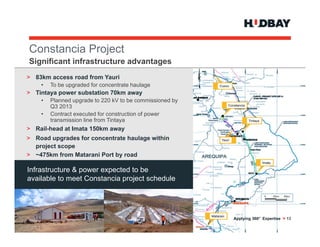 Constancia P j t
C   t   i Project
Significant infrastructure advantages
> 83km access road from Yauri
    •   To be upgraded for concentrate haulage
> Tintaya power substation 70km away
    •   Planned upgrade to 220 kV to be commissioned by
        Q3 2013
    •   Contract executed for construction of power
        transmission line from Tintaya
> Rail-head at Imata 150km away
> Road upgrades for concentrate haulage within
  project scope
> ~475km from Matarani Port by road

Infrastructure & power expected to be
available to meet Constancia project schedule




                                                          Applying 360° Expertise > 13
 