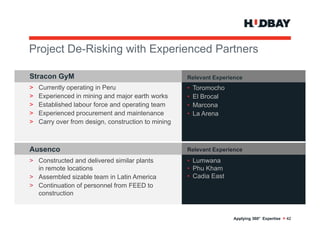 Project D Ri ki
P j t De-Risking with E
                  ith Experienced P t
                           i    d Partners

Stracon GyM                                          Relevant Experience
>   Currently operating in Peru                      •   Toromocho
>   Experienced in mining and major earth works      •   El Brocal
>   Established labour force and operating team
                                  p      g           •   Marcona
>   Experienced procurement and maintenance          •   La Arena
>   Carry over from design, construction to mining



Ausenco                                              Relevant Experience
> Constructed and delivered similar plants           • Lumwana
  in remote locations                                • Phu Kham
> Assembled sizable team in Latin America            • Cadia East
> Continuation of personnel from FEED to
  construction


                                                                     Applying 360° Expertise > 42
 
