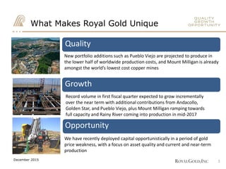 What Makes Royal Gold Unique
Quality
New portfolio additions such as Pueblo Viejo are projected to produce in
the lower half of worldwide production costs, and Mount Milligan is already
amongst the world’s lowest cost copper mines
Opportunity
We have recently deployed capital opportunistically in a period of gold
price weakness, with a focus on asset quality and current and near-term
production
Growth
Record volume in first fiscal quarter expected to grow incrementally
over the near term with additional contributions from Andacollo,
Golden Star, and Pueblo Viejo, plus Mount Milligan ramping towards
full capacity and Rainy River coming into production in mid-2017
3December 2015
 