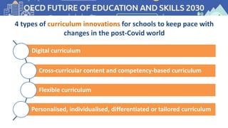 Digital curriculum
Cross-curricular content and competency-based curriculum
Flexible curriculum
Personalised, individualised, differentiated or tailored curriculum
4 types of curriculum innovations for schools to keep pace with
changes in the post-Covid world
 