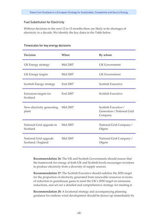 -40-
Views from Scotland on a European Strategy for Sustainable, Competitive and Secure Energy
Fuel Substitution for Electricity
Without decisions in the next 12 to 15 months there are likely to be shortages of 
electricity in a decade. We identify the key dates in the Table below. 
Timescales for key energy decisions
Decision  When  By whom 
UK Energy strategy  Mid 2007  UK Government 
UK Energy targets  Mid 2007  UK Government 
Scottish Energy strategy  End 2007  Scottish Executive 
Emissions targets for 
Scotland 
End 2007  Scottish Executive 
New electricity generating 
plant 
Mid 2007  Scottish Executive / 
Generators / National Grid 
Company 
National Grid upgrade in 
Scotland 
Mid 2007  National Grid Company / 
Ofgem 
National Grid upgrade 
Scotland / England 
Mid 2007  National Grid Company / 
Ofgem 
 
Recommendation 26: The UK and Scottish Governments should ensure that 
the framework for energy at both UK and Scottish levels encourages investors 
to produce electricity from a diversity of supply sources.  
Recommendation 27: The Scottish Executive should redefine the 2020 target 
for the proportion of electricity generated from renewable resources in terms 
of reduction in greenhouse gases to meet the UK’s 2050 target on emissions 
reductions, and set out a detailed and comprehensive strategy for meeting it. 
Recommendation 28: A locational strategy and accompanying planning 
guidance for onshore wind development should be drawn up immediately by 
 