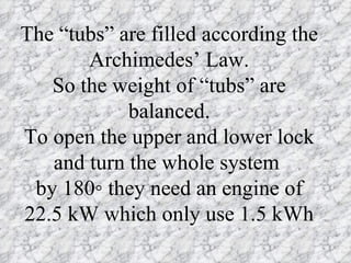 The “tubs” are filled according the
       Archimedes’ Law.
   So the weight of “tubs” are
            balanced.
To open the upper and lower lock
   and turn the whole system
 by 180◦ they need an engine of
22.5 kW which only use 1.5 kWh
 