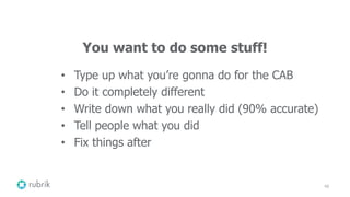 48
You want to do some stuff!
• Type up what you’re gonna do for the CAB
• Do it completely different
• Write down what you really did (90% accurate)
• Tell people what you did
• Fix things after
 