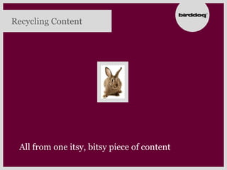 Recycling Content




 All from one itsy, bitsy piece of content
 