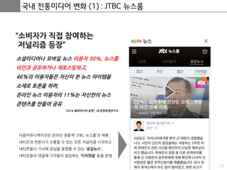 11
국내 전통미디어 변화 (1) : JTBC 뉴스룸
“소비자가 직접 참여하는
저널리즘 등장”
소셜미디어나 모바일 뉴스 이용자 50%, 뉴스를
타인과 공유하거나 재포스팅하고,
46%의 이용자들은 자신이 본 뉴스 아이템을
소재로 토론을 하며,
온라인 뉴스 이용자의 11%는 자신만의 뉴스
콘텐츠를 만들어 공유
“2014 해외미디어 동향”, SK경영경제연구소
다음커뮤니케이션은 온라인 생중계 ‘JTBC 뉴스룸’과 제휴,
네티즌과 언론사가 소통할 수 있는 오픈 저널리즘 시작하고
네티즌들이 기사에 관심을 표현할 수 있는 ‘공감뉴스’,
네티즌들의 댓글에 기자들이 응답하는 ‘기자댓글’ 등을 운영
 