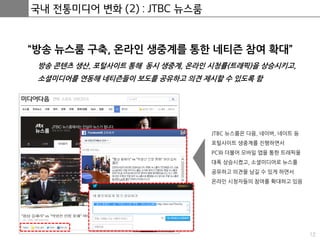 12
국내 전통미디어 변화 (2) : JTBC 뉴스룸
“방송 뉴스룸 구축, 온라인 생중계를 통한 네티즌 참여 확대”
방송 콘텐츠 생산, 포털사이트 통해 동시 생중계, 온라인 시청률(트래픽)을 상승시키고,
소셜미디어를 연동해 네티즌들이 보도를 공유하고 의견 제시할 수 있도록 함
JTBC 뉴스룸은 다음, 네이버, 네이트 등
포털사이트 생중계를 진행하면서
PC와 더불어 모바일 앱을 통한 트래픽을
대폭 상승시켰고, 소셜미디어로 뉴스를
공유하고 의견을 남길 수 있게 하면서
온라인 시청자들의 참여를 확대하고 있음
 