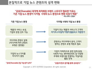 20
본질적으로 기업 뉴스 콘텐츠의 성격 변화
기업이 자체적으로 관련 업계 동향,
사회적 이슈, 엔터테인먼트 등 다양한
주제와 브랜드를 연결하는 저널리즘
활동 전개
제품과 서비스 속성,
기업의 장점 강조 가능
기업이 또는 제품과 서비스가 고객의
라이프스타일에 어떻게 활용되고 적합한가
미디어와 콘텐츠 일체
(미디어에 따라 콘텐츠
유형은 결정됨)
콘텐츠는 미디어에서 분리, 고객이
원하는 콘텐츠 유형 재창조 필요
기업의 뉴스가치를
미디어가 결정
기존 기업 뉴스 환경 디지털 시대의 기업 뉴스 환경
“공유(Shareable) 목적에 최적화된 브랜드 스토리가 필요한 이유는
기존 기업 뉴스 환경이 디지털 시대의 뉴스 환경으로 변화 되었기 때문”
- 에스코토스 강함수
“공유(Shareable) 될 가능성이 낮다“ “공중(타겟)의 참여를 통해 공유된다 “
 