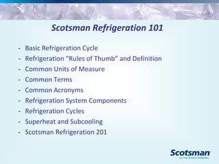 Scotsman Refrigeration 101
- Basic Refrigeration Cycle
- Refrigeration “Rules of Thumb” and Definition
- Common Units of Measure
- Common Terms
- Common Acronyms
- Refrigeration System Components
- Refrigeration Cycles
- Superheat and Subcooling
- Scotsman Refrigeration 201
 