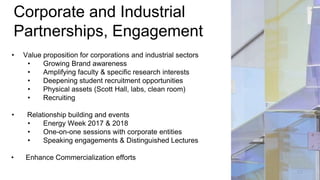 Corporate and Industrial
Partnerships, Engagement
17
• Value proposition for corporations and industrial sectors
• Growing Brand awareness
• Amplifying faculty & specific research interests
• Deepening student recruitment opportunities
• Physical assets (Scott Hall, labs, clean room)
• Recruiting
• Relationship building and events
• Energy Week 2017 & 2018
• One-on-one sessions with corporate entities
• Speaking engagements & Distinguished Lectures
• Enhance Commercialization efforts
 