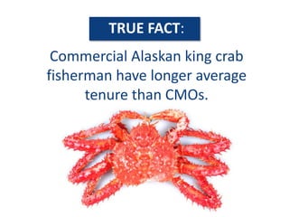 TRUE FACT:
Commercial Alaskan king crab
fisherman have longer average
tenure than CMOs.
 
