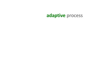 An iterative and adaptive process
where small, highly-collaborative teams
work in a series of short cycles,
incorporating rapid feedback,
to deliver emergent solutions,
emphasizing transparency
among all stakeholders.
 