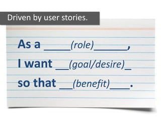As a ____(role)_____,
I want __(goal/desire)_
so that __(benefit)___.
Driven by user stories.
 