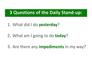 1. What did I do yesterday?
2. What am I going to do today?
3. Are there any impediments in my way?
3 Questions of the Daily Stand-up:
 