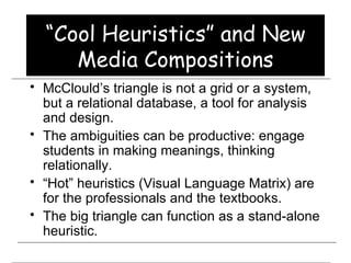 “ Cool Heuristics” and New Media Compositions McClould’s triangle is not a grid or a system, but a relational database, a tool for analysis and design. The ambiguities can be productive: engage students in making meanings, thinking relationally. “ Hot” heuristics (Visual Language Matrix) are for the professionals and the textbooks. The big triangle can function as a stand-alone heuristic. 