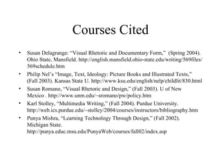 Courses Cited Susan Delagrange: “Visual Rhetoric and Documentary Form,”  (Spring 2004). Ohio State, Mansfield. http://english.mansfield.ohio-state.edu/writing/569files/569schedule.htm Philip Nel’s “Image, Text, Ideology: Picture Books and Illustrated Texts,” (Fall 2003). Kansas State U. http://www.ksu.edu/english/nelp/childlit/830.html Susan Romano, “Visual Rhetoric and Design,” (Fall 2003). U of New Mexico . http://www.unm.edu/~sromano/pw/policy.htm Karl Stolley, “Multimedia Writing,” (Fall 2004). Purdue University. http://web.ics.purdue.edu/~stolley/2004/courses/instructors/bibliography.htm Punya Mishra, “Learning Technology Through Design,” (Fall 2002).  Michigan State. http://punya.educ.msu.edu/PunyaWeb/courses/fall02/index.asp 