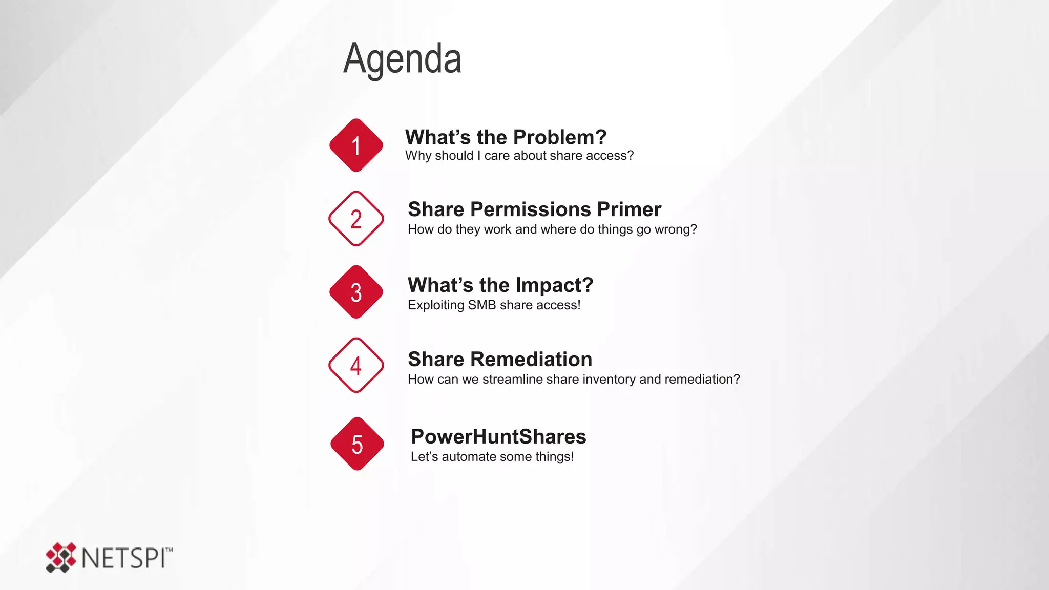 Agenda
1
2
3
4
What’s the Problem?
Why should I care about share access?
Share Permissions Primer
How do they work and where do things go wrong?
What’s the Impact?
Exploiting SMB share access!
5
Share Remediation
How can we streamline share inventory and remediation?
PowerHuntShares
Let’s automate some things!
 