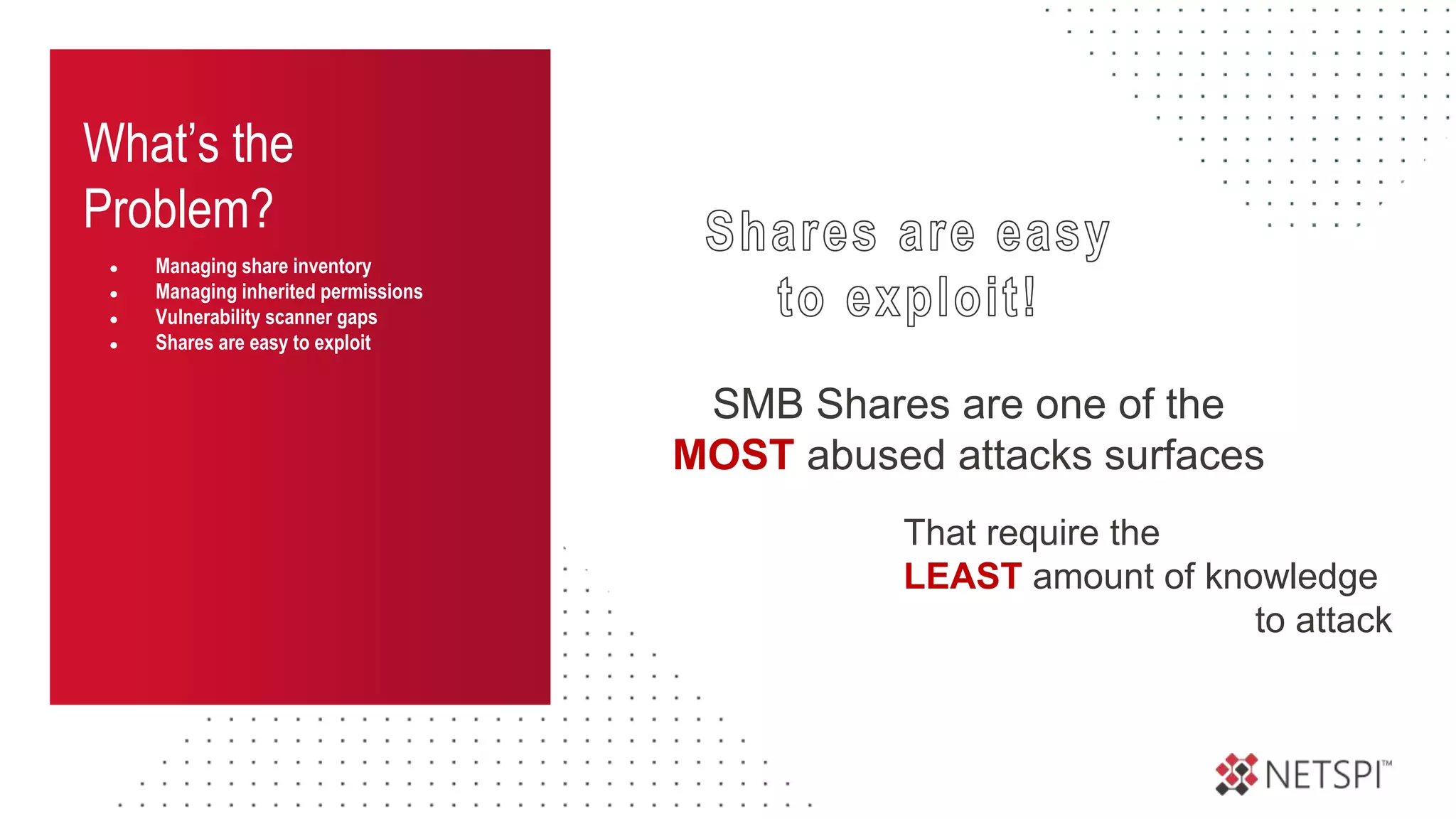 What’s the
Problem?
● Managing share inventory
● Managing inherited permissions
● Vulnerability scanner gaps
● Shares are easy to exploit
SMB Shares are one of the
MOST abused attacks surfaces
That require the
LEAST amount of knowledge
to attack
 