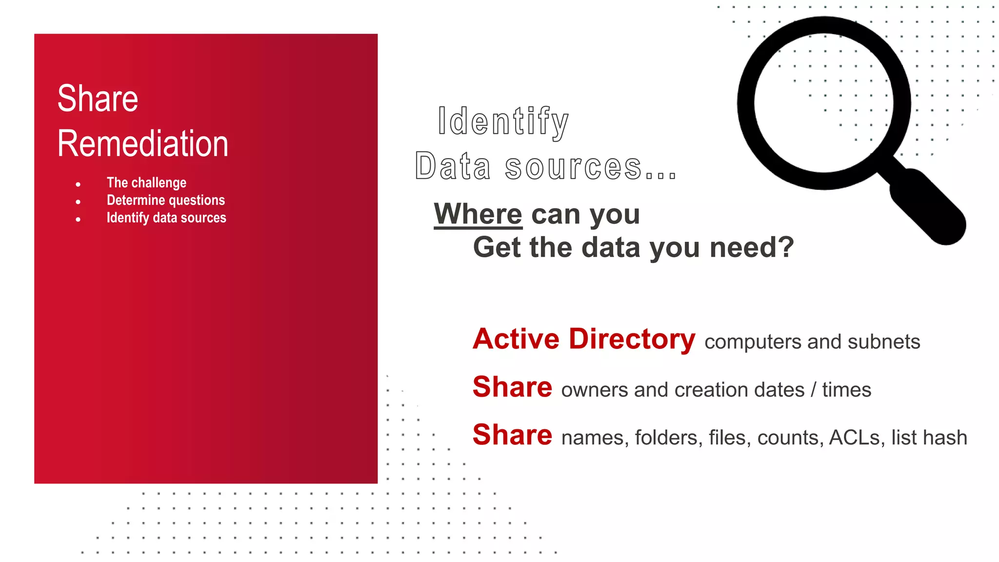 Share
Remediation
● The challenge
● Determine questions
● Identify data sources Where can you
Active Directory computers and subnets
Share names, folders, files, counts, ACLs, list hash
Get the data you need?
Share owners and creation dates / times
 